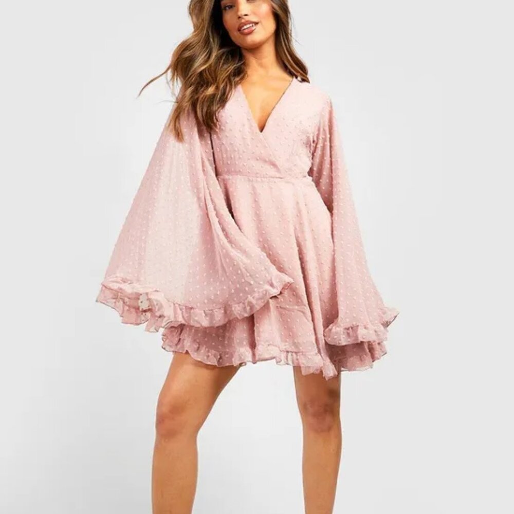 boohoo  Dobby Chiffon Flare Bell Wide Sleeve Skater Dress Sheer